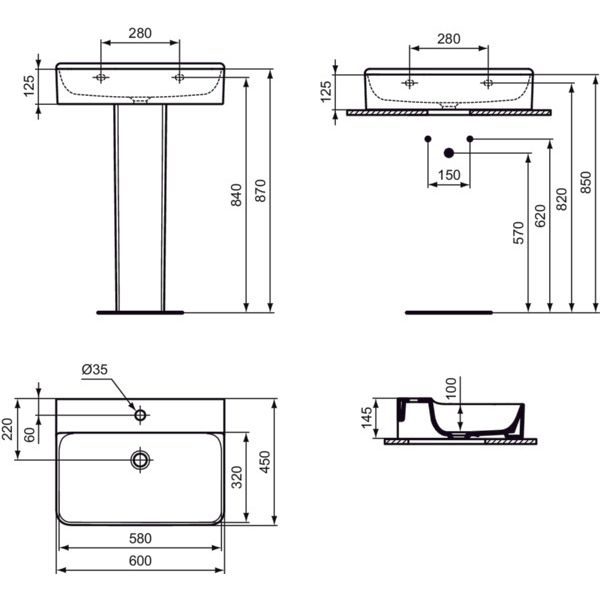 Ideal Standard - Waschtisch CONCA, 1 Hl., o.Ül., 600x450x145mm, Weiß mit IdealPlus