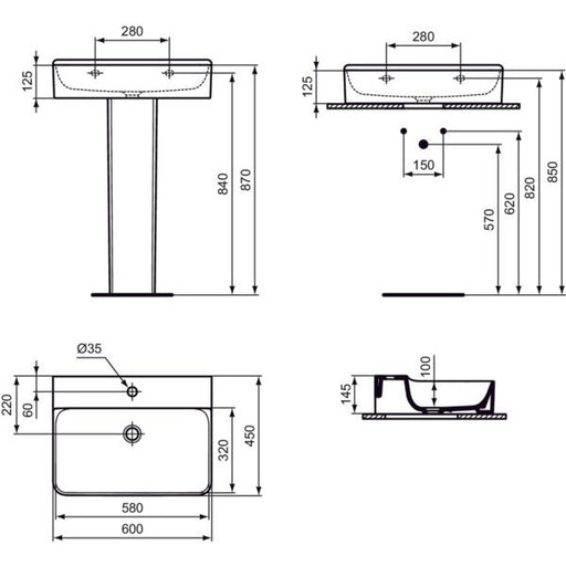 Ideal Standard - Waschtisch CONCA, 1 Hl., o.Ül., 600x450x145mm, Weiß mit IdealPlus