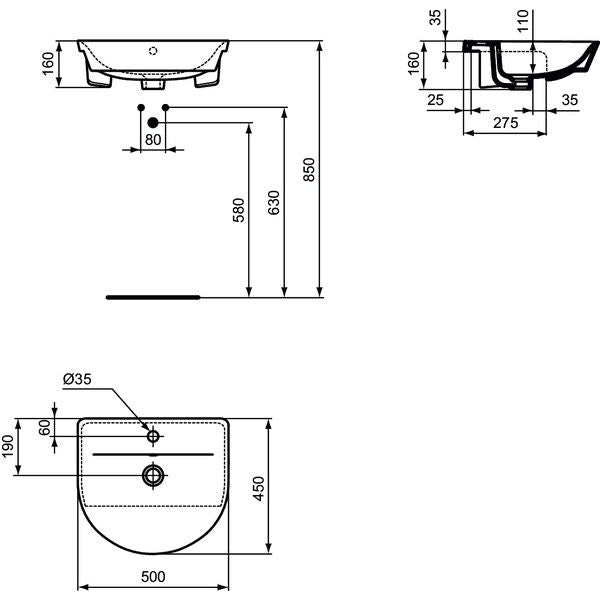 Ideal Standard - Halbeinbauwaschtisch CONNECT AIR ARC, 1 Hl., m.Ül., 500x450x160mm, Weiß m.IP