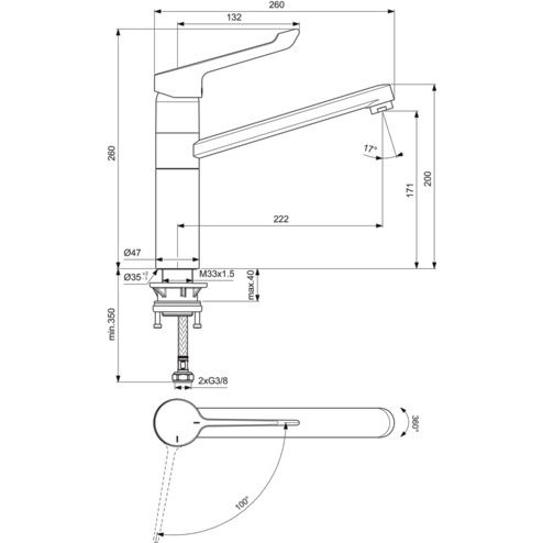 Ideal Standard - Küchenarmatur CERAFLEX,m.Klinikhebel, m.hohem Rohrausl., Ausld.222mm, Chrom