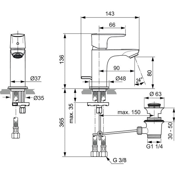 Ideal Standard - Waschtischarm. CONNECT AIR, Piccolo 5 l/min., m.Ablgarn., Ausld.90mm, Chrom