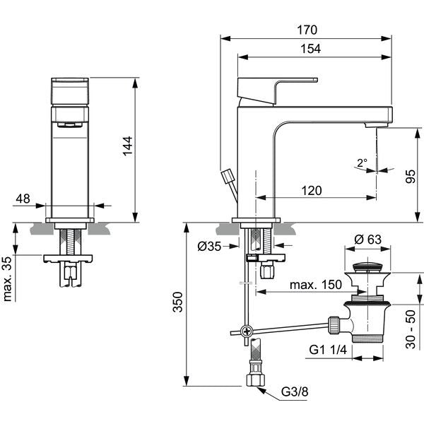 Ideal Standard - Waschtischarmatur EDGE, Slim, 5 l/min., m.Ablgarn., Ausld.120mm, Chrom