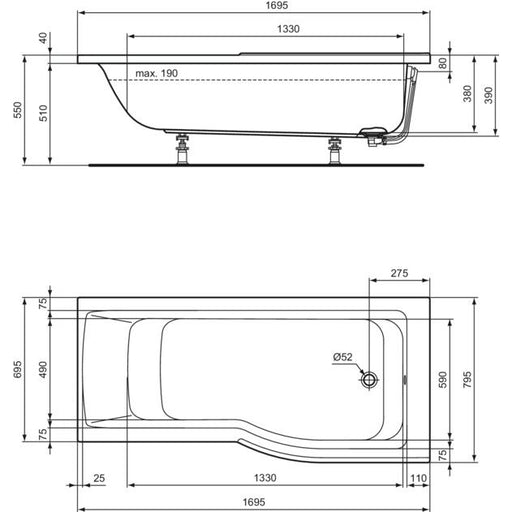 Ideal Standard - Dusch-Badewanne CONNECT AIR, Version re., 1700x800x465mm, Weiß