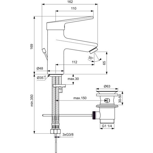 Ideal Standard - Waschtischarmatur CERAPLUS 2, ND mit Ablaufgarn., Ausld. 112mm, Chrom