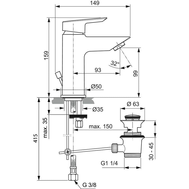 Ideal Standard - Waschtischarmatur TESI, BlueStart, 5 l/min., m.Ablgarn., Ausld.93mm, Chrom