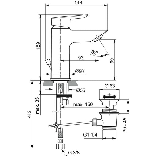 Ideal Standard - Waschtischarmatur TESI, BlueStart, 5 l/min., m.Ablgarn., Ausld.93mm, Chrom