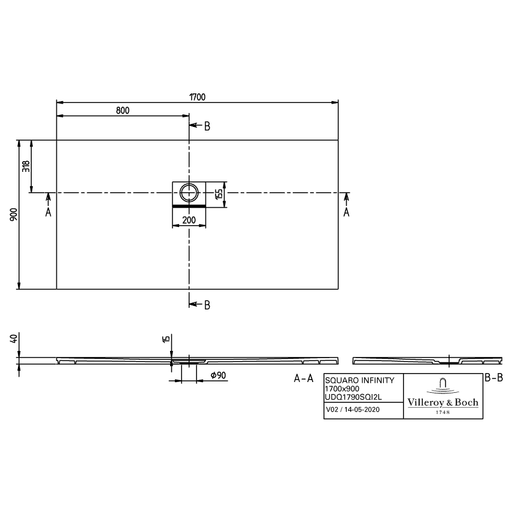 VILLEROY & BOCH - Duschwanne Squaro Infinity 1700x900x40mm re-eckig EB:li Anthracite
