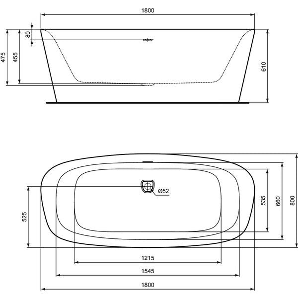 Ideal Standard - Duo-Badewanne DEA, freistehend, 1800x800x475/610mm, Seidenweiß