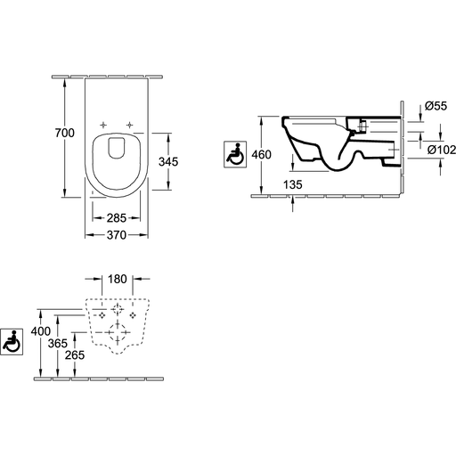 VILLEROY & BOCH - T-WC ViCare R0 370x700x325mm ov wandh. Abg. waagr. DF we Alpin