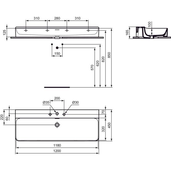 Ideal Standard - Waschtisch CONCA, 3 Hl., m.Ül., 1200x450x165mm, geschliffen, Weiß m.IP