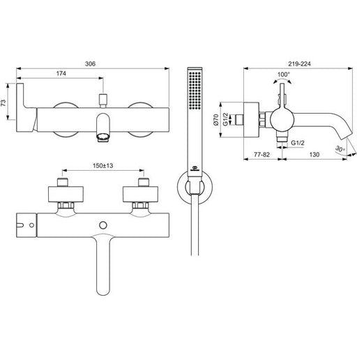 Ideal Standard - Badearmatur AP JOY, m.Stab-HB, Brauseschlauch u.Wandhalter,MagneticGrey