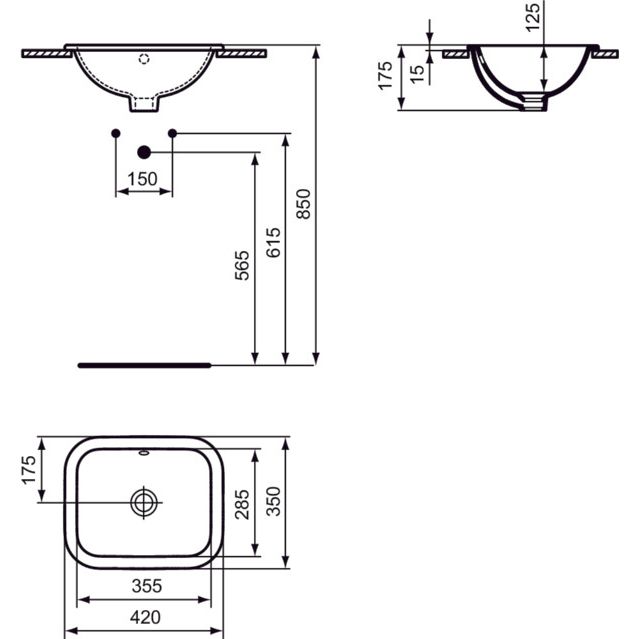 Ideal Standard - Einbauwaschtisch CONNECT, rechteckig, o. Hl., m.Ül., 420x350x175mm, Weiß