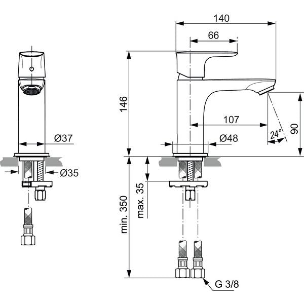 Ideal Standard - WT-Armatur CONNECT AIR, Slim, 5l/min, o.Ablgarn., Ausld.107mm, Blizzard silver