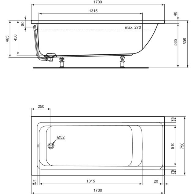 Ideal Standard - Körperform-Badewanne CONNECT AIR, 1700x750x475mm, Weiß