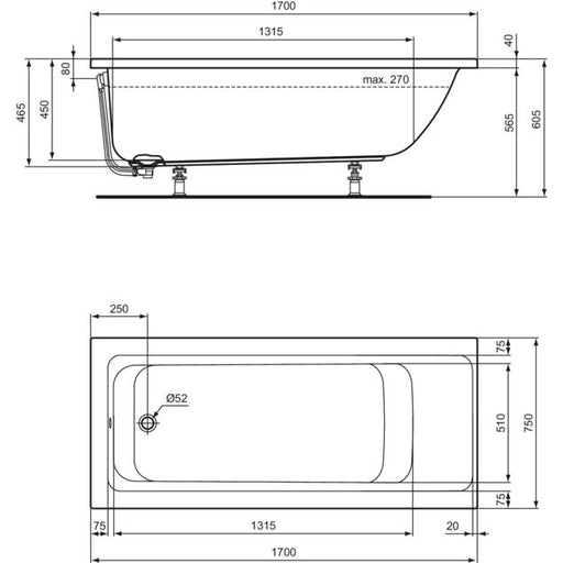 Ideal Standard - Körperform-Badewanne CONNECT AIR, 1700x750x475mm, Weiß