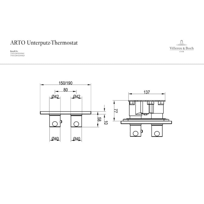 VILLEROY & BOCH - Wannenthermostat Unterputz-Fertig- montageset 2 Verbr. Rosette eckig verchr