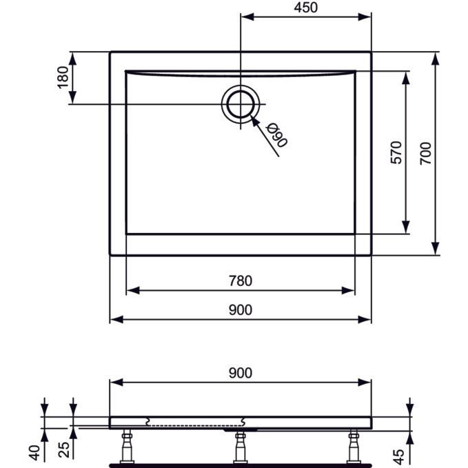 Ideal Standard - Rechteck-Brausewanne ULTRA FLAT, 900x700x47mm, Weiß