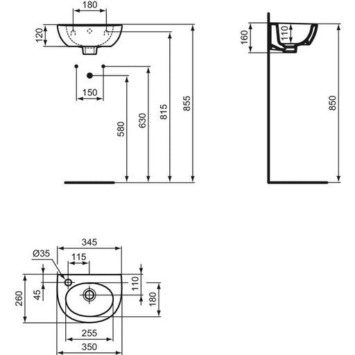 Ideal Standard - Handwaschbecken EUROVIT, 1 Hl. links, m.Ül., 350x260x160mm, Weiß