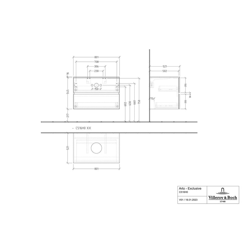 VILLEROY & BOCH - Konsolen-Unterschrank 800mm f AWT 2 Ausz 1 Auss oLB C516H0 PJ Oak Nebraska