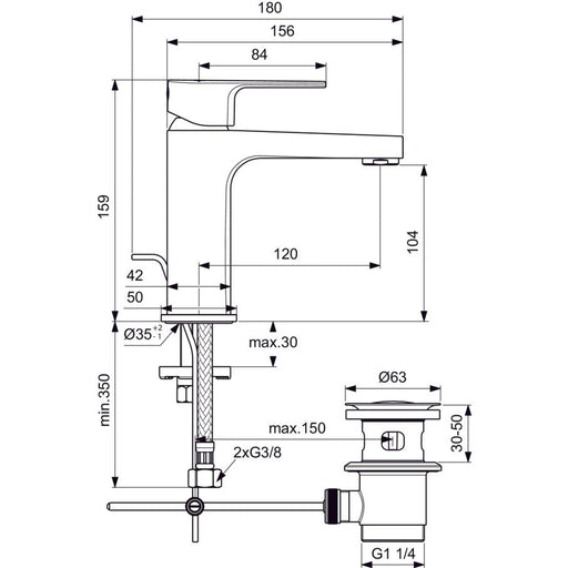 Ideal Standard - Waschtischarmatur CERAFINE D, H105, m.Ablgarn., Ausld.120mm, Chrom