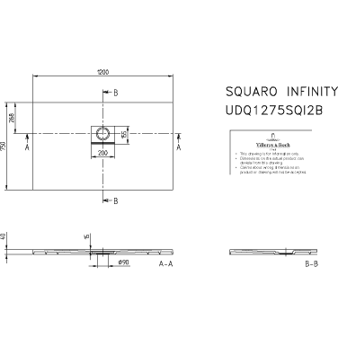 VILLEROY & BOCH - Duschwanne Squaro Infinity 1200x750x 40mm re-eckig EB:li/re Stone White
