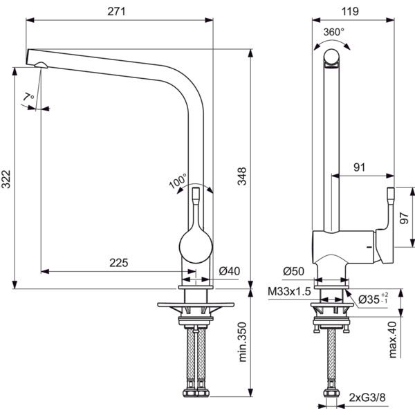 Ideal Standard - Küchenarmatur CERALOOK, m.hohem Auslauf, Ausld.225mm, Edst