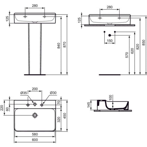 Ideal Standard - Waschtisch CONCA, 3 Hl., o.Ül., 600x450x145mm, geschliffen, Weiß