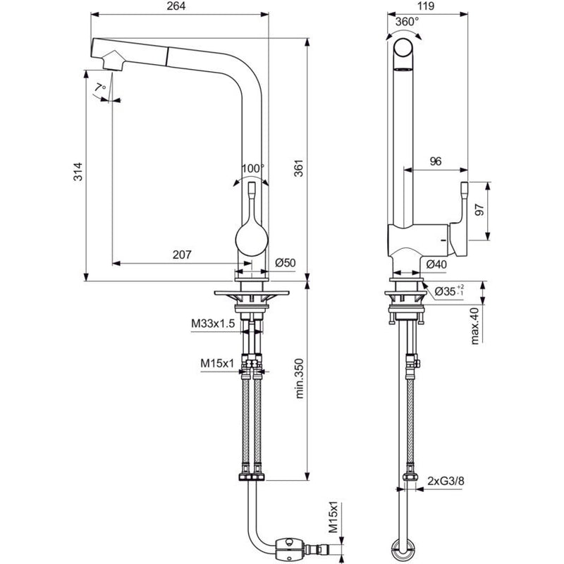 Ideal Standard - Küchenarm. CERALOOK, m.herausz.HB, m.hohem Auslauf, Ausld.207mm, Chrom