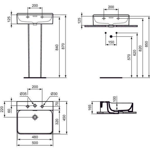 Ideal Standard - Waschtisch CONCA, 3 Hl., m.Ül., 500x450x165mm, geschliffen, Weiß
