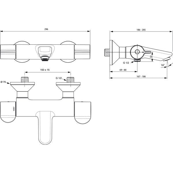 Ideal Standard - Badethermostat AP CERAPLUS 2 Ausld. 167-186mm, Chrom