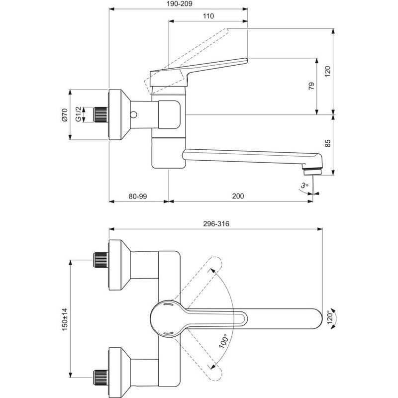 Ideal Standard - Wand-WT-Armatur CERAPLUS 2, 5l/min. Ausld.280-299mm,absp.S-Anschlüsse, Chrom