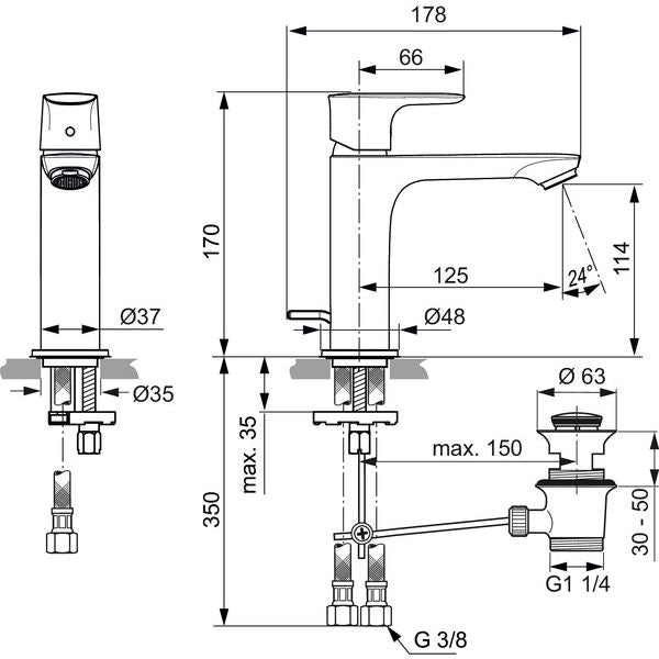 Ideal Standard - WT-Armatur CONNECT AIR, Grande Slim 5 l/min., m.Ablgarn., Ausld.125mm, Chrom