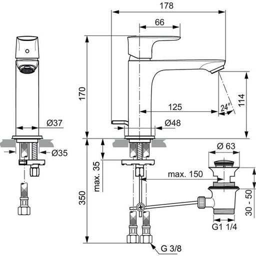 Ideal Standard - WT-Armatur CONNECT AIR, Grande Slim 5 l/min., m.Ablgarn., Ausld.125mm, Chrom