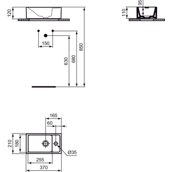 Ideal Standard - Handwaschbecken EUROVIT+, 1 Hl., o.Ül., 370x210x120mm, Weiß