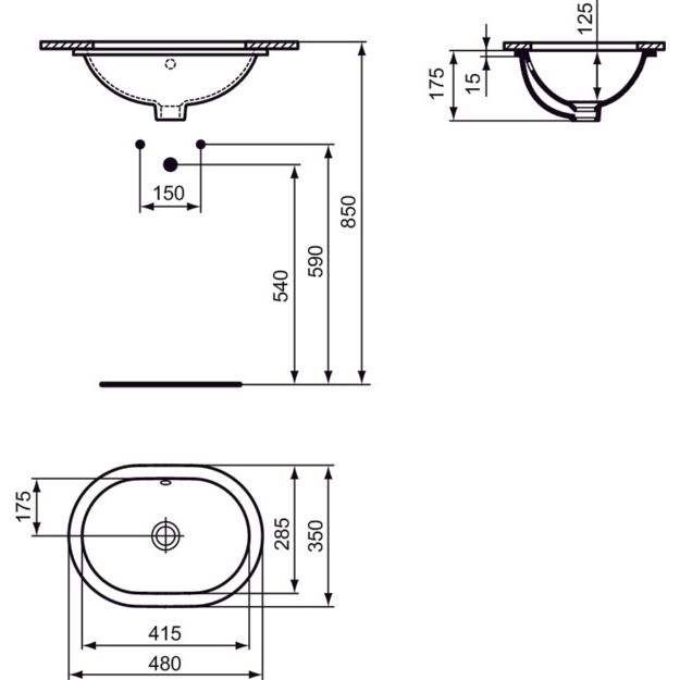 Ideal Standard - Unterbauwaschtisch CONNECT, oval, o.Hl., m.Ül., 480x350x175mm, Weiß