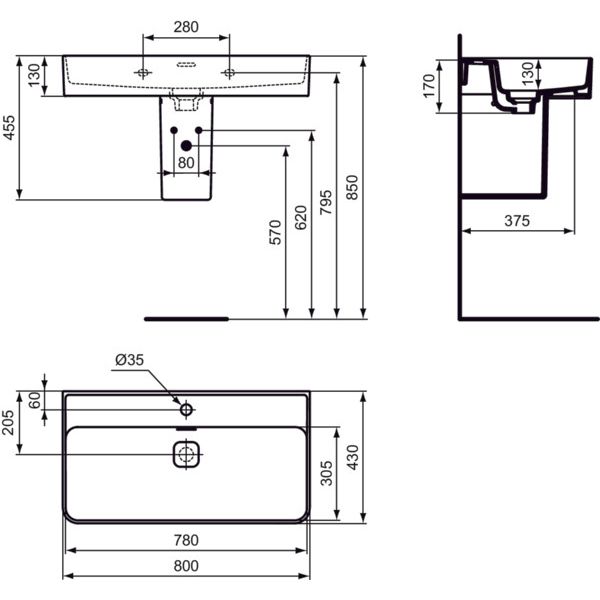Ideal Standard - Waschtisch STRADA II, 1 Hl., m.Ül., geschliffen, 800x430x170mm, Weiß m. IP