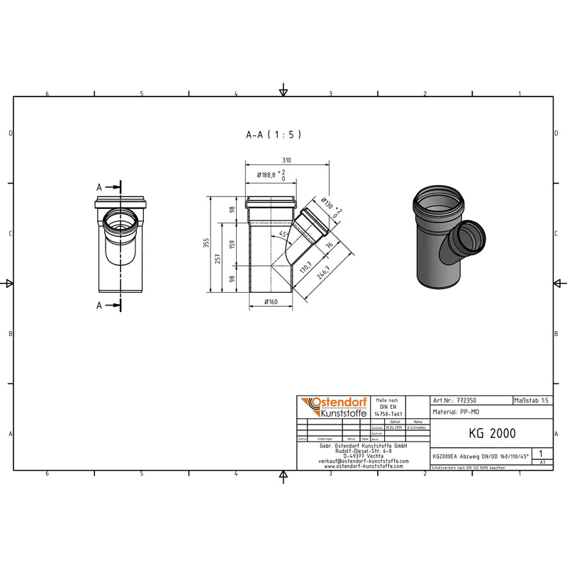 Gebr. Ostendorf - 2000 Abzweig DN 160x110 45 Grad grün, mit Dichtungsring