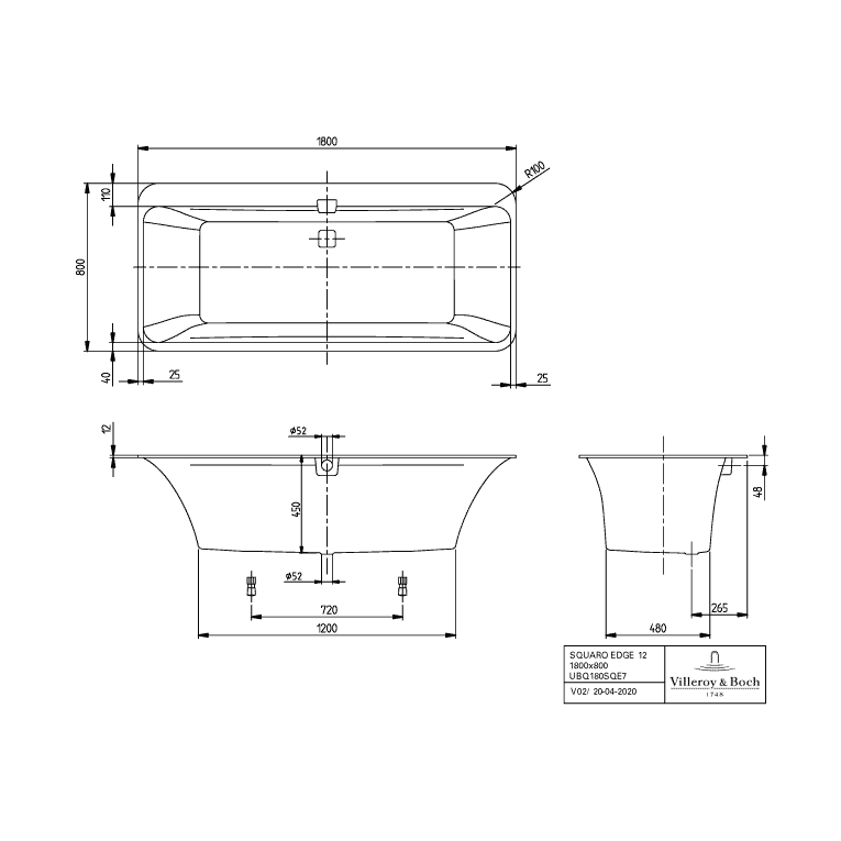VILLEROY & BOCH - Badewanne Squaro Edge 12 1800x800x 475mm Oval m. System AP TP2 Weiß Alpin