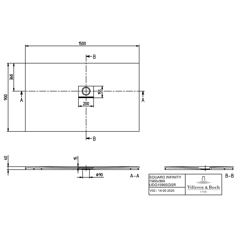 VILLEROY & BOCH - Duschwanne Squaro Infinity 1500x900x40mm re-eckig EB:re Anthracite