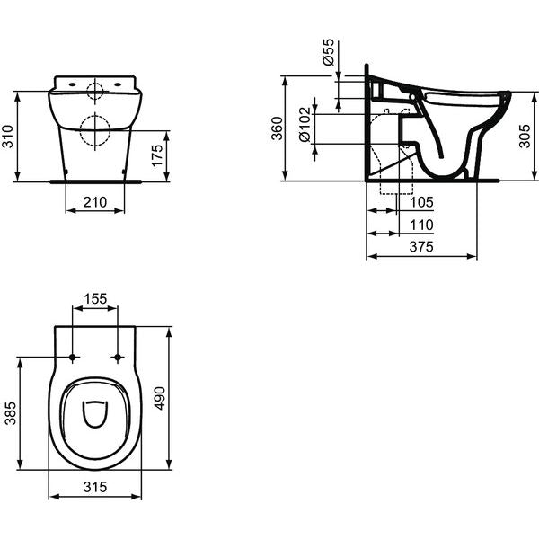 Ideal Standard - Stand-T-WC CONTOUR21 SCHOOLS,rimless, Abg.außen waagr.,315x490x360mm, Weiß