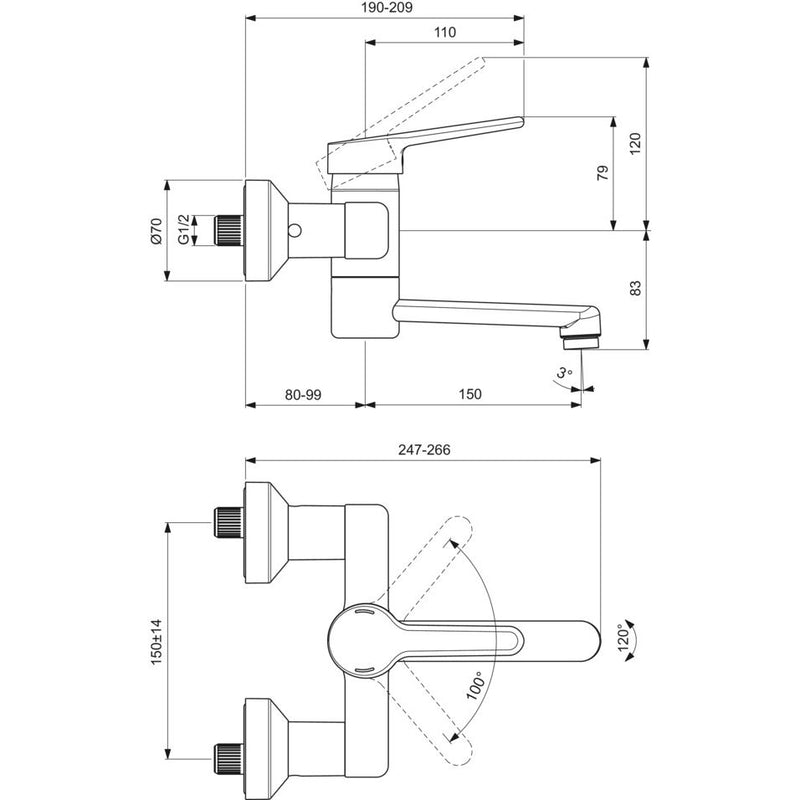 Ideal Standard - Wand-WT-Armatur CERAPLUS 2,5l/min. Ausld.230-249mm,absp.S-Anschlüsse, Chrom