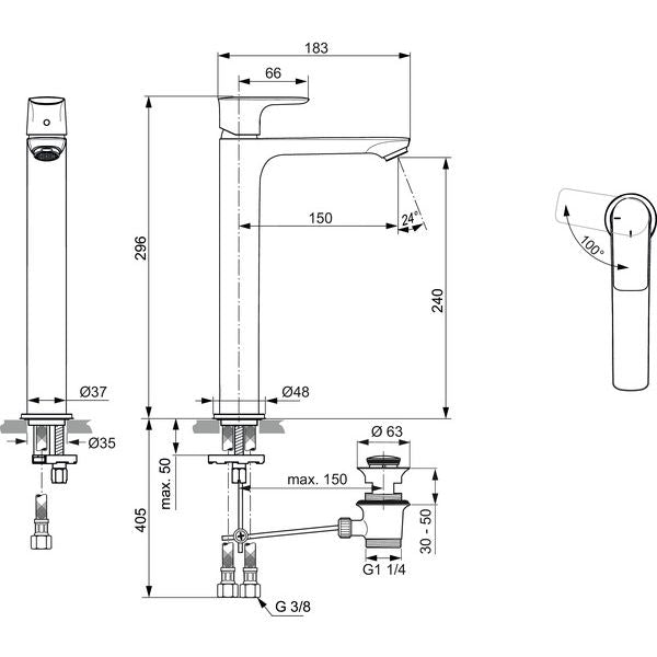Ideal Standard - WT-Arm. CONNECT AIR, Slim, BlueStart, m.verl.Sockel, m.Ablgarn., Chrom