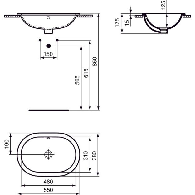 Ideal Standard - Einbauwaschtisch CONNECT, oval, o.Hl., m.Ül., 550x380x175mm, Weiß