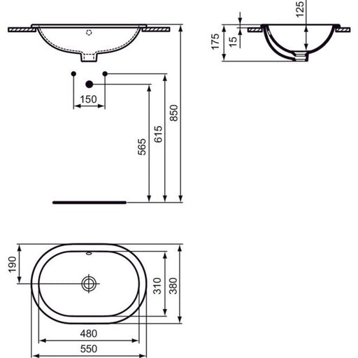 Ideal Standard - Einbauwaschtisch CONNECT, oval, o.Hl., m.Ül., 550x380x175mm, Weiß
