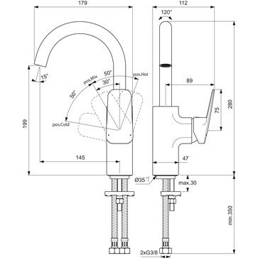 Ideal Standard - Waschtischarmatur CERAPLAN H200 o.Ablaufgarn. Ausld.145mm Chrom