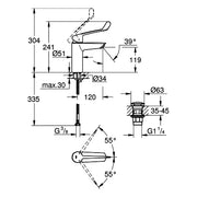 Grohe - EH-WT-Batterie EUROSMART 23983_3 M-Size langer Hebel PO-Ablaugrt. chrom