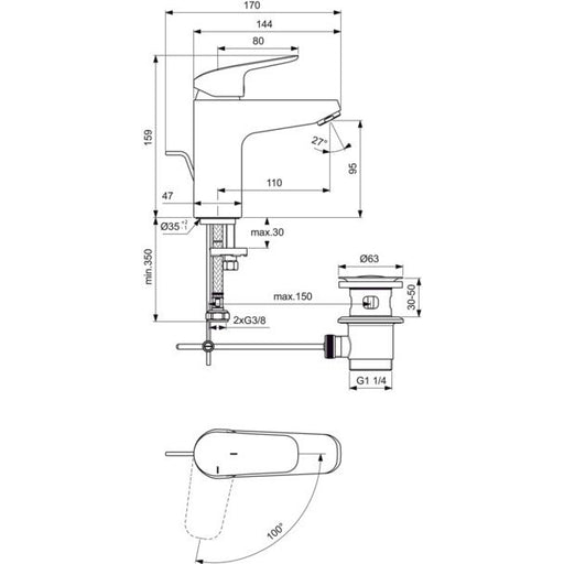 Ideal Standard - WT-Armatur CERAFLEX, Grande, 5l/min., BlueStart, m.Ablgarn., Ausld.101mm,Chrom