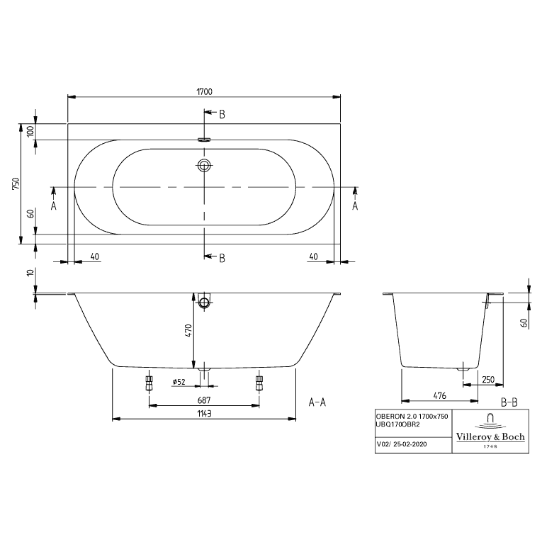 VILLEROY & BOCH - Badewanne Oberon 2.0 1700x750x625mm re-eckig m. System HE TP2 Weiß Alpin
