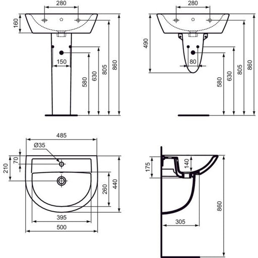 Ideal Standard - Handwaschbecken EUROVIT, 1 Hl., m.Ül., 500x440x175mm, Weiß