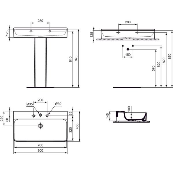 Ideal Standard - Waschtisch CONCA, 3 Hl., o.Ül., 800x450x145mm, geschliffen, Weiß